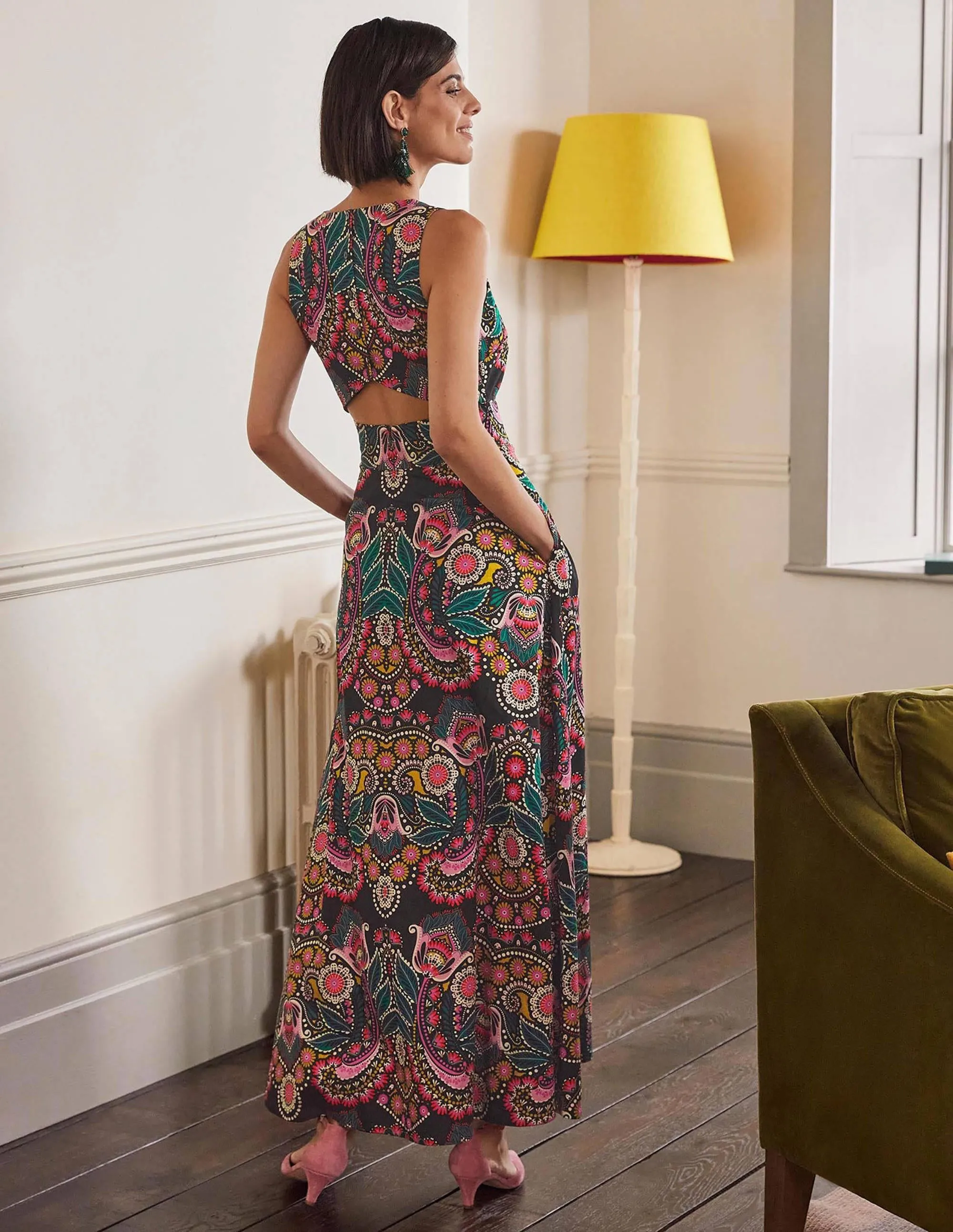 Back Detail Maxi Dress-Black, Daisy Paisley