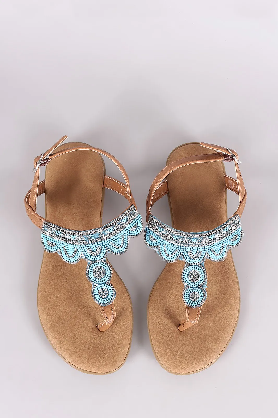 Bamboo Rhinestone Beadwork T-Strap Thong Sandal
