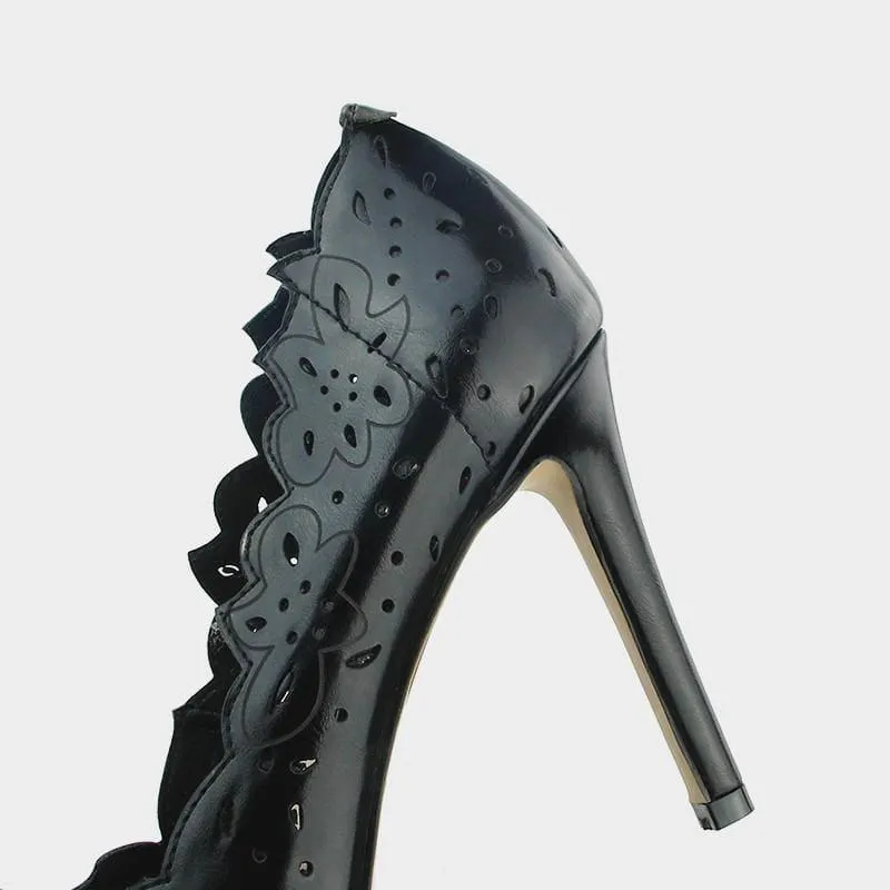 Black Cut Out High Heels Pointed Toe Sexy Slip on Black Pumps