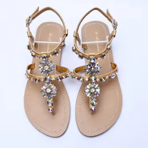 Bohemian Diamond T-Strap Thong Sandals with Rhinestones for Women