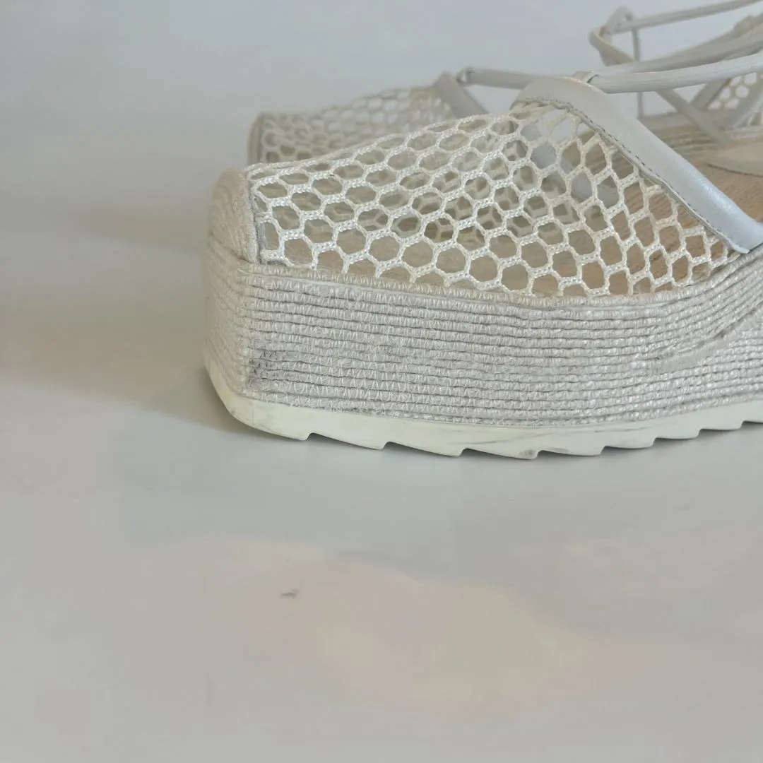 Bottega Veneta White Mesh and Leather Espadrille Wedge Sandals, 41