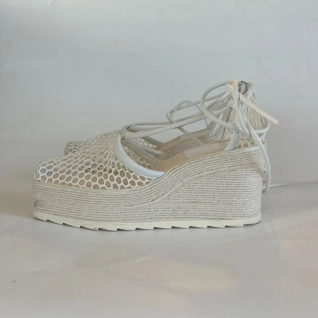 Bottega Veneta White Mesh and Leather Espadrille Wedge Sandals, 41