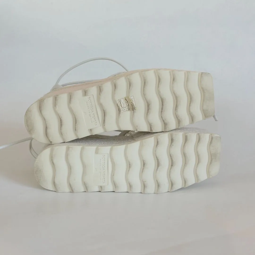 Bottega Veneta White Mesh and Leather Espadrille Wedge Sandals, 41