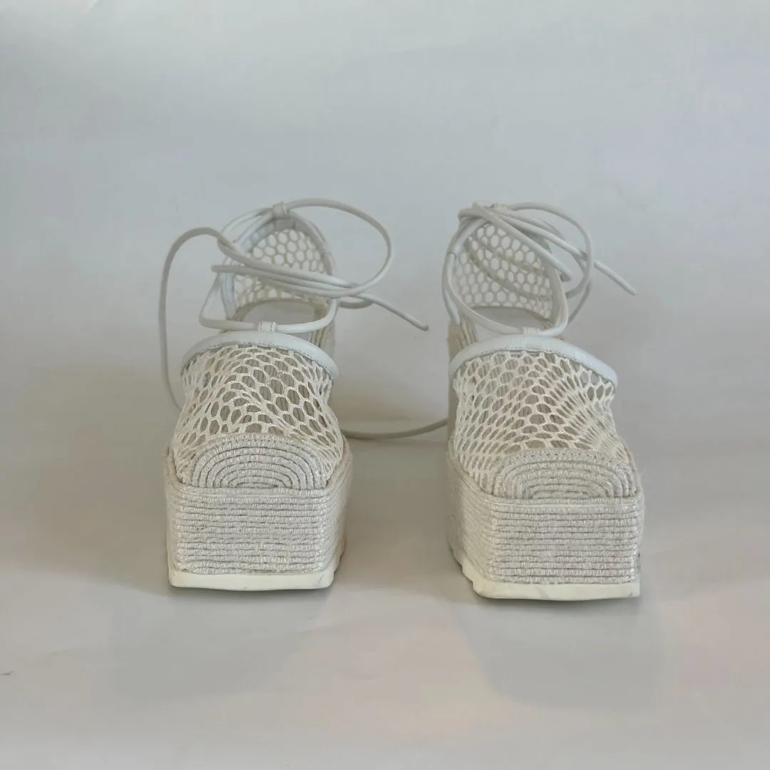 Bottega Veneta White Mesh and Leather Espadrille Wedge Sandals, 41