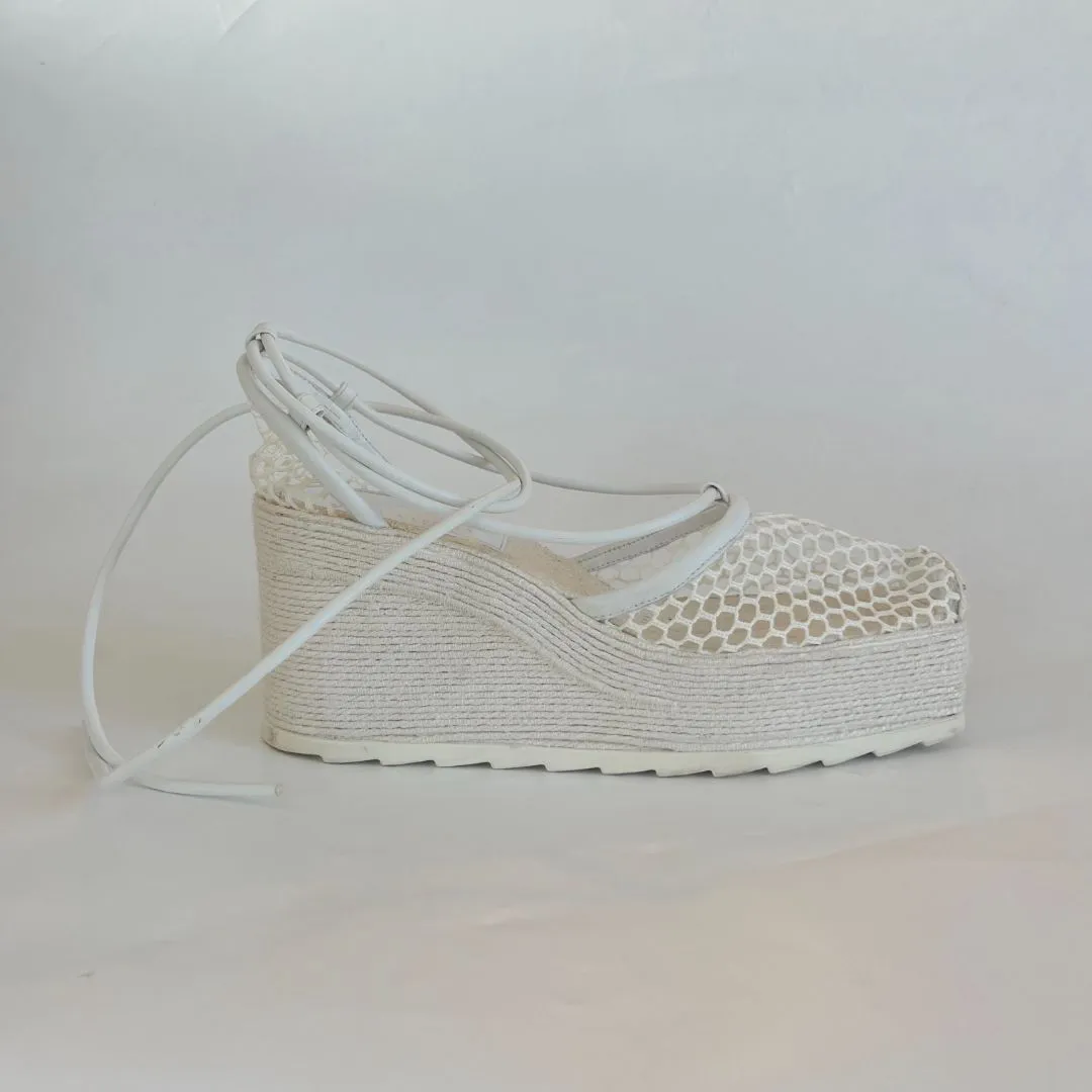 Bottega Veneta White Mesh and Leather Espadrille Wedge Sandals, 41