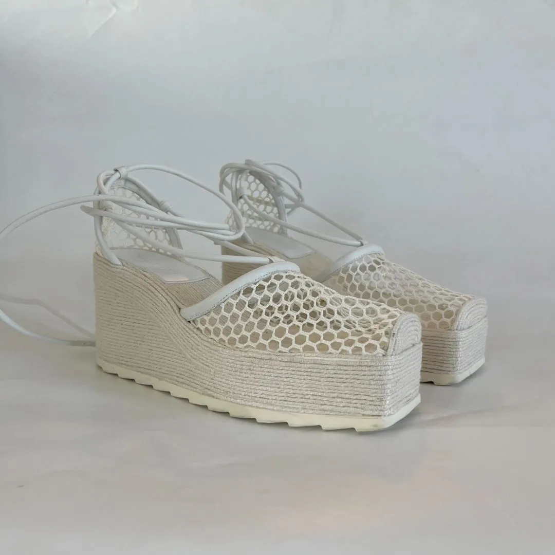 Bottega Veneta White Mesh and Leather Espadrille Wedge Sandals, 41