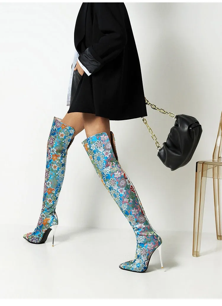 Embroidery Pointed Toe Over-The-Knee Crystal Stiletto Boots
