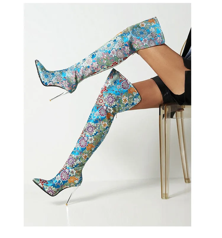 Embroidery Pointed Toe Over-The-Knee Crystal Stiletto Boots