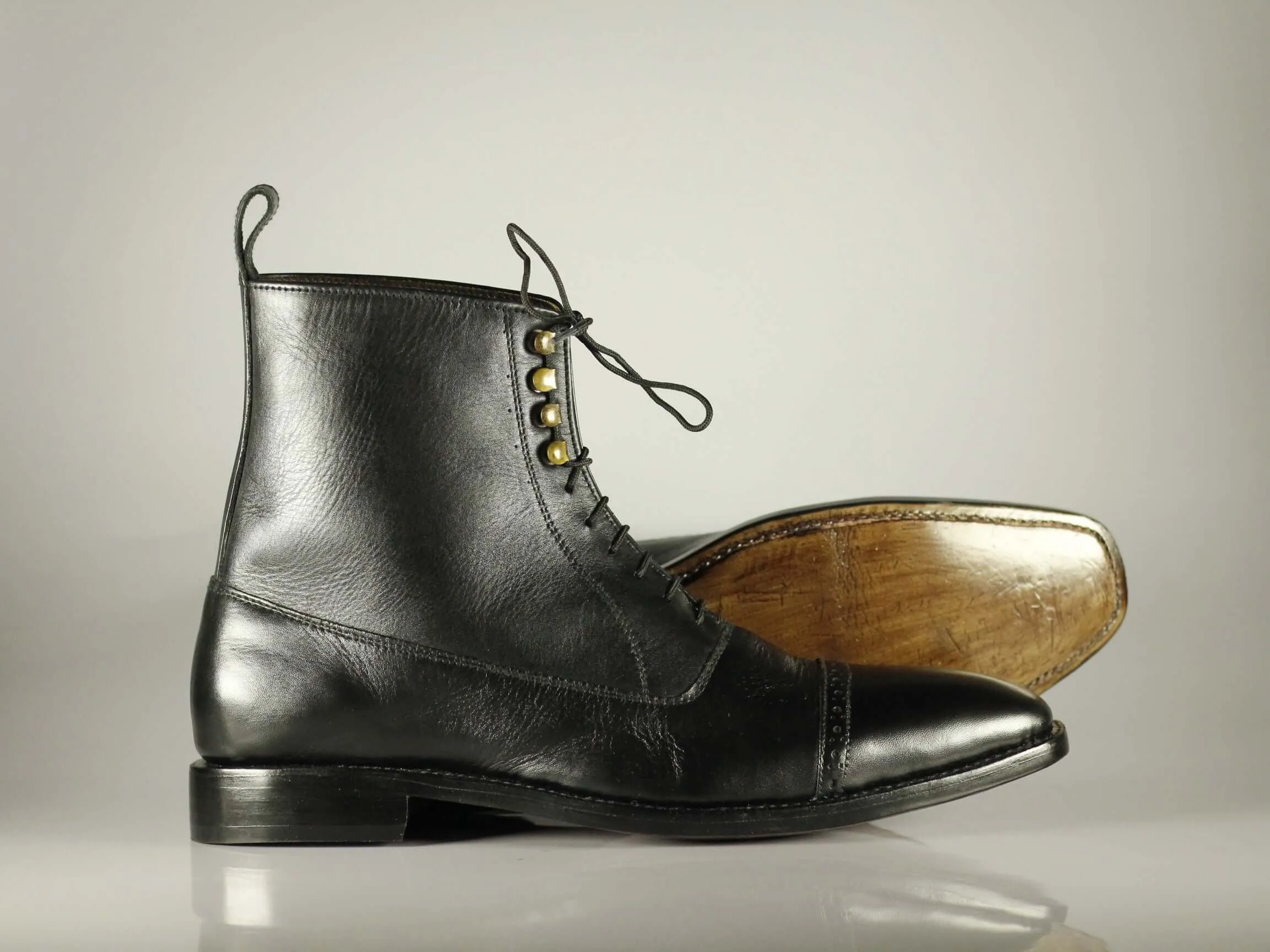 Handmade Men's Black Leather Cap Toe Lace Up Boots, Men Ankle Boots, Men Designer Boots