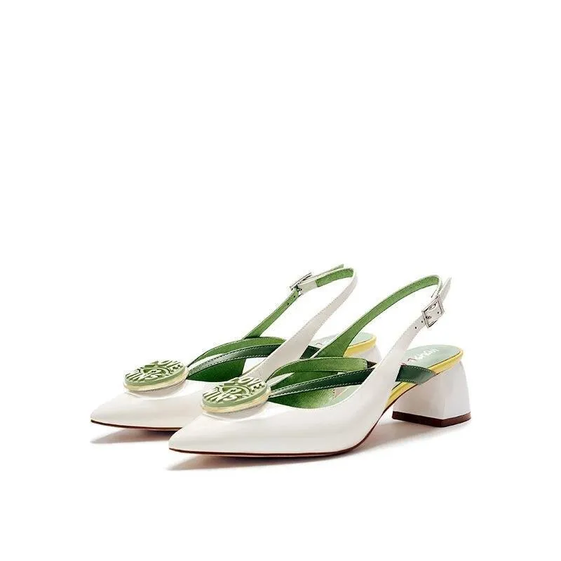 HOA spring new pointed toe round badge thick square heel kitten pumps - Lumi