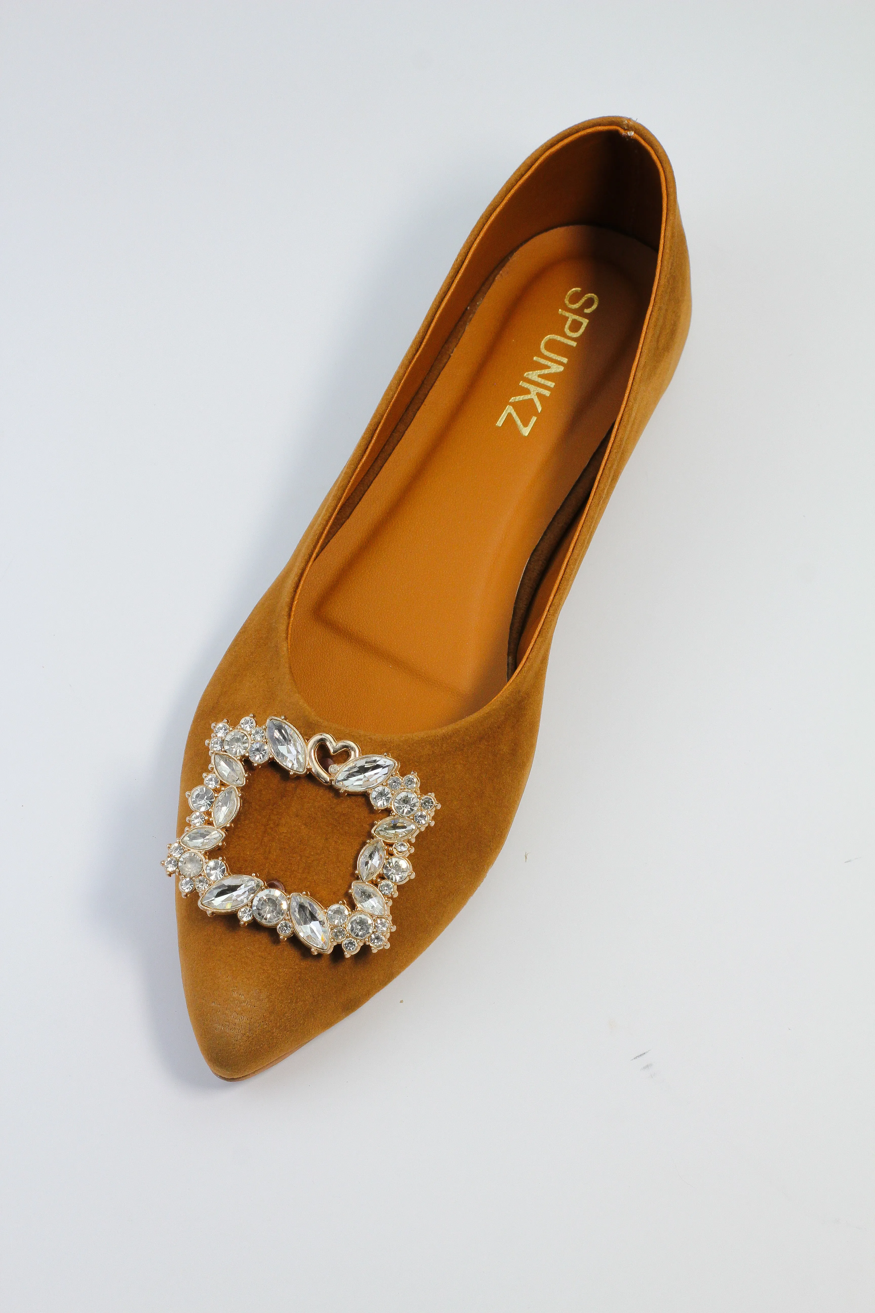 Myla Light Brown Pointed Shape Suede Flat Pumps with Metal Brooch