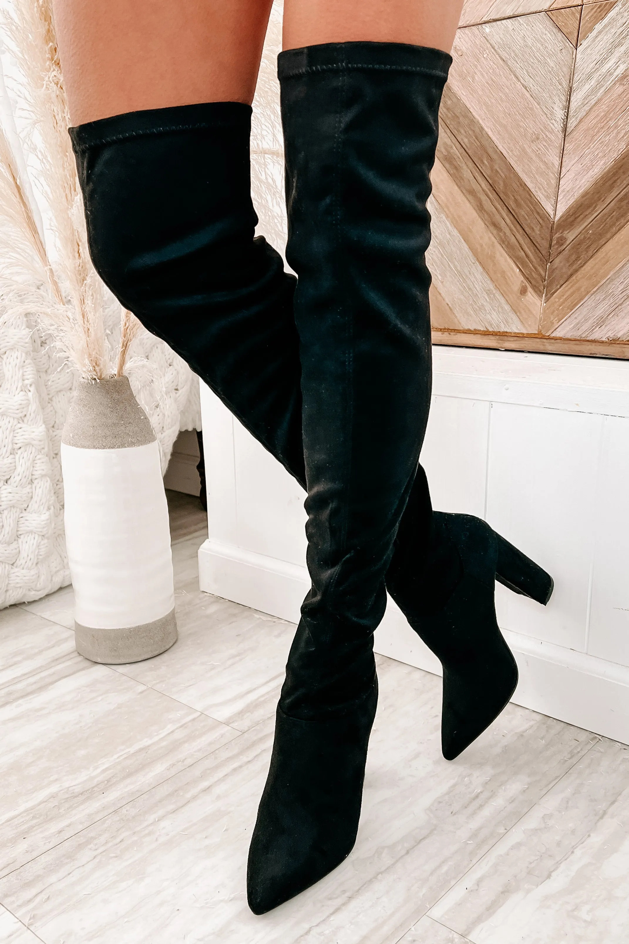Sheila Faux Suede Over The Knee Boots (Black)