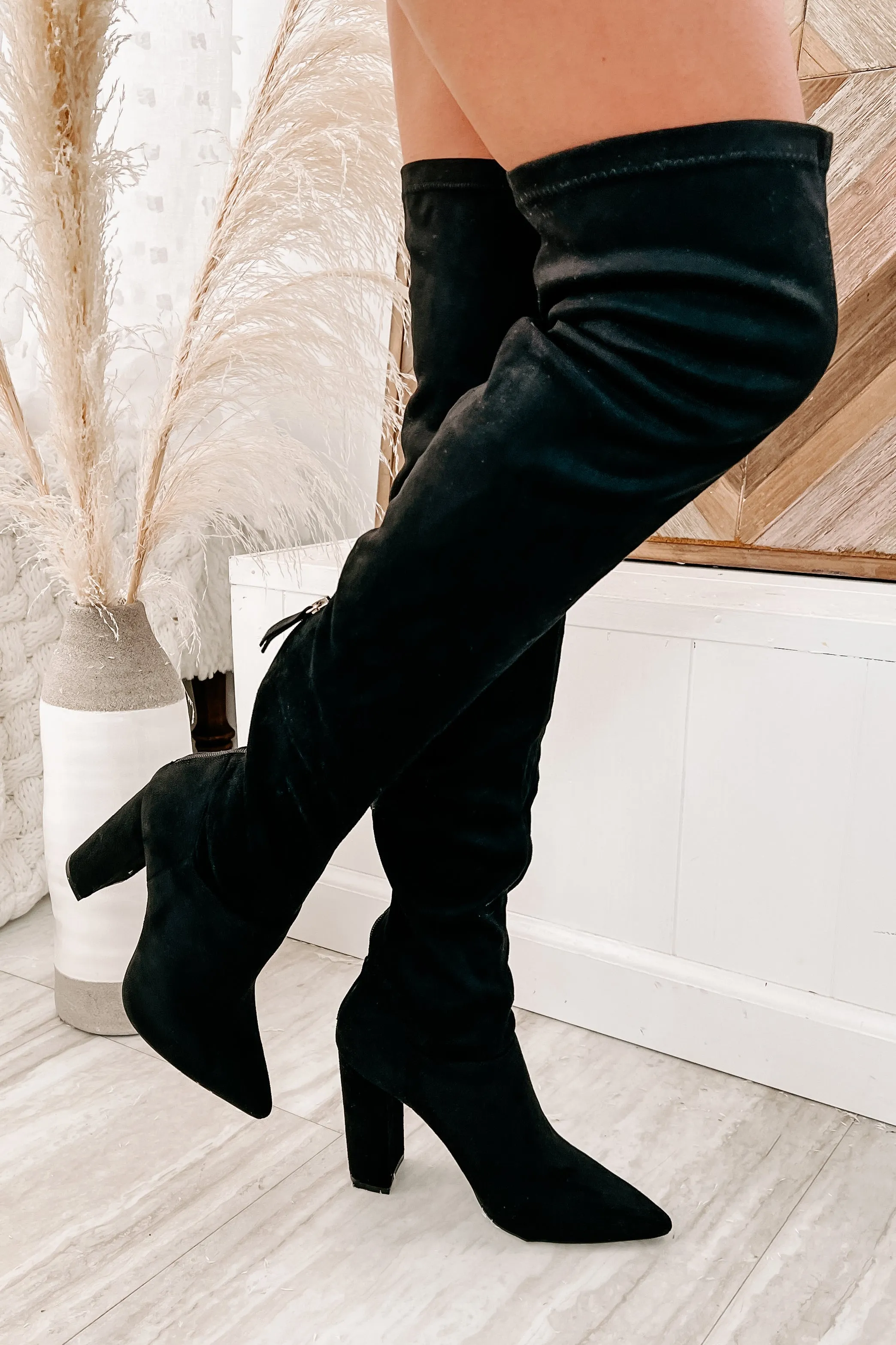 Sheila Faux Suede Over The Knee Boots (Black)