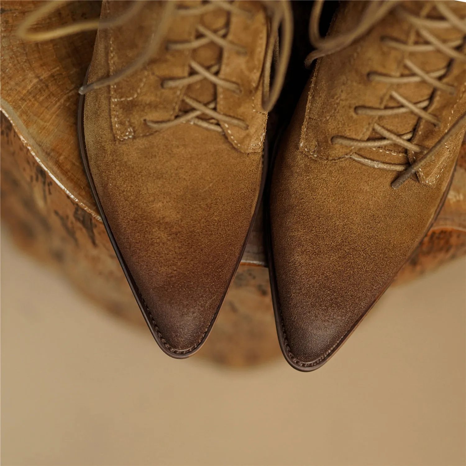 TinaCus Handmade Women's Suede Leather Lace Up Pointed Toe Mid Chunky Heel Combat Boots Boots