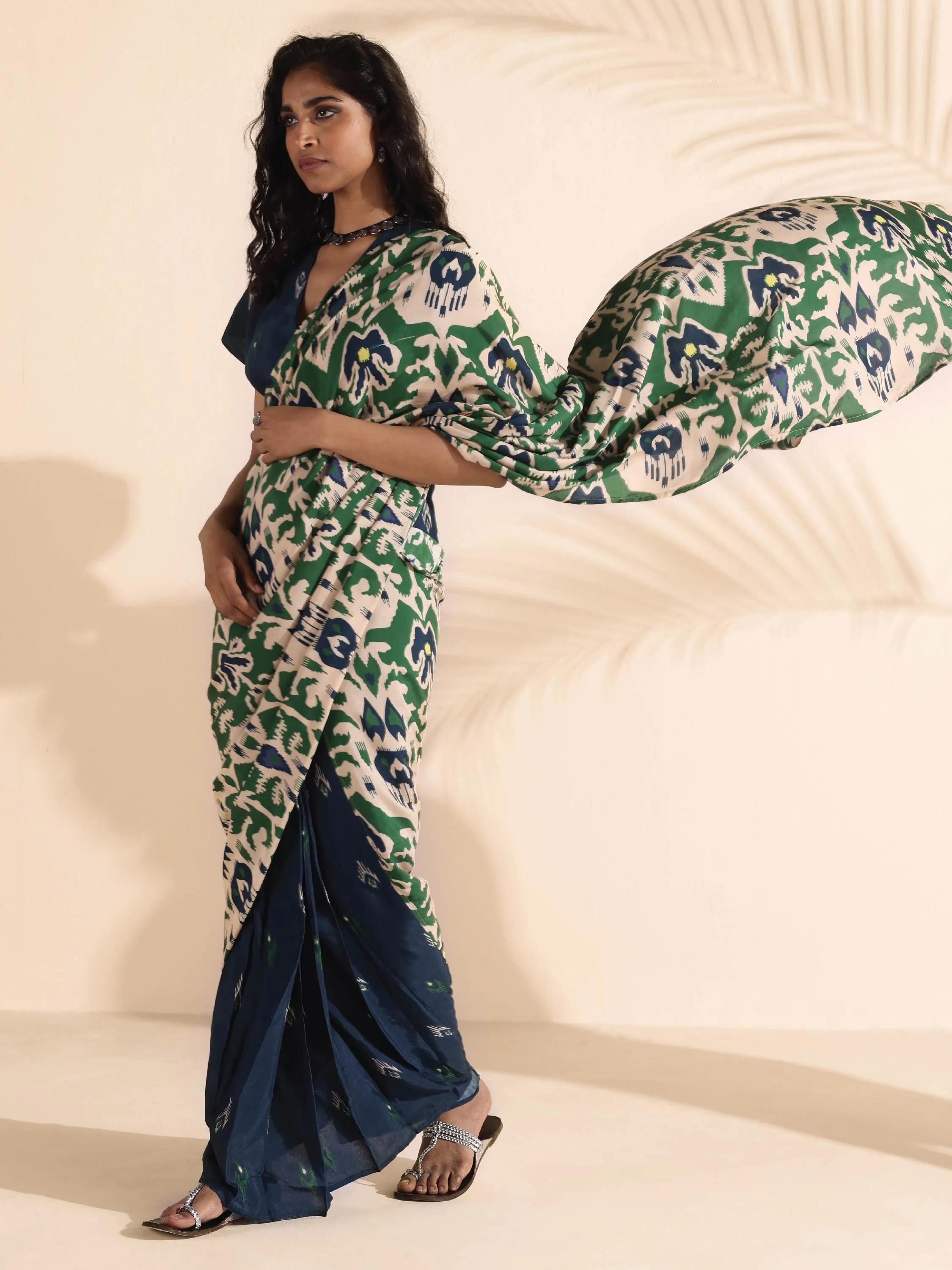 trueBrowns Green Blue Muslin Ikat Ready to Wear Saree