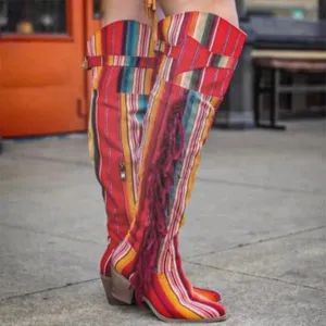 Women's Retro Fashion Rainbow Tassel Block Heel Boots 77611043S