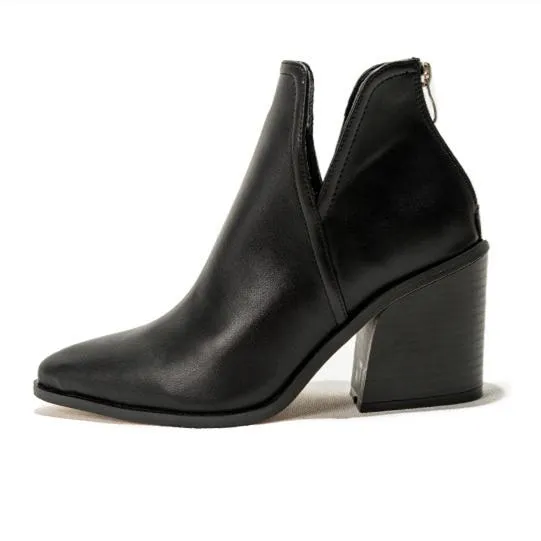 Women's side v cut stacked block heel pointed toe ankle booties