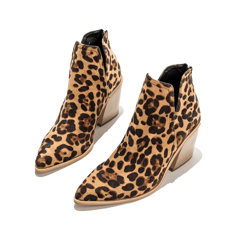 Women's side v cut stacked block heel pointed toe ankle booties