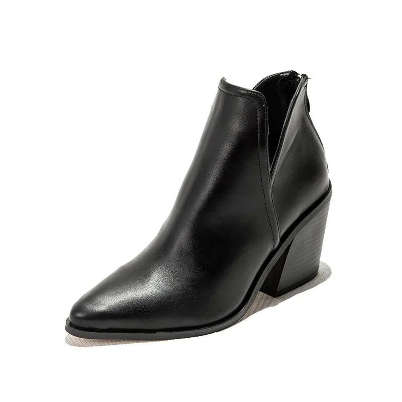 Women's side v cut stacked block heel pointed toe ankle booties
