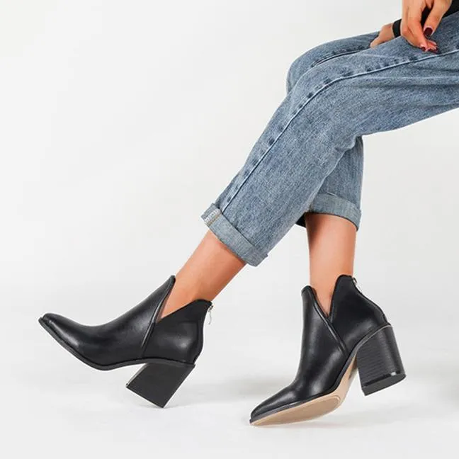 Women's side v cut stacked block heel pointed toe ankle booties