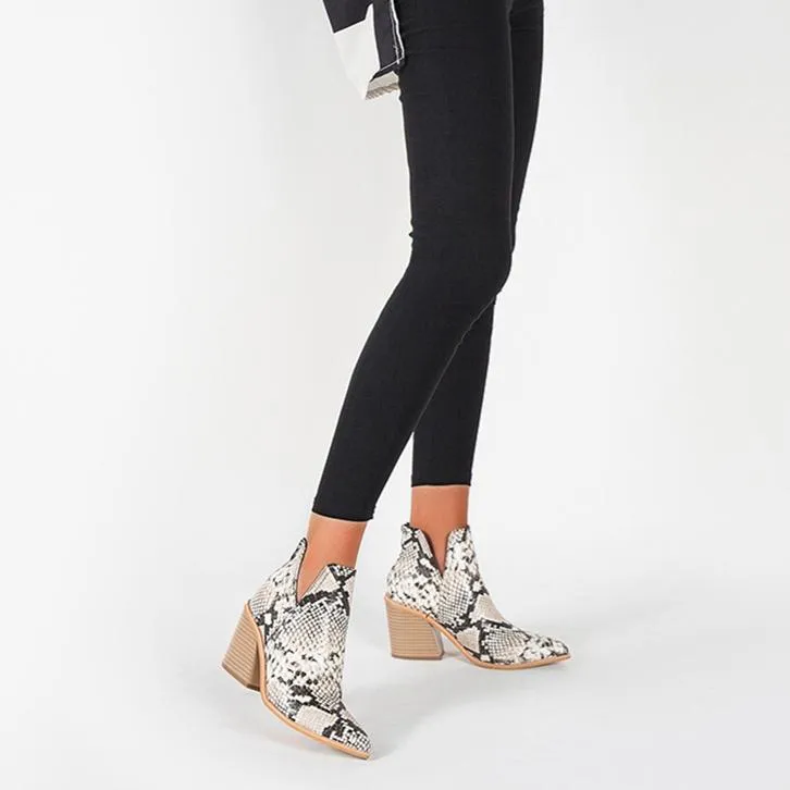 Women's side v cut stacked block heel pointed toe ankle booties
