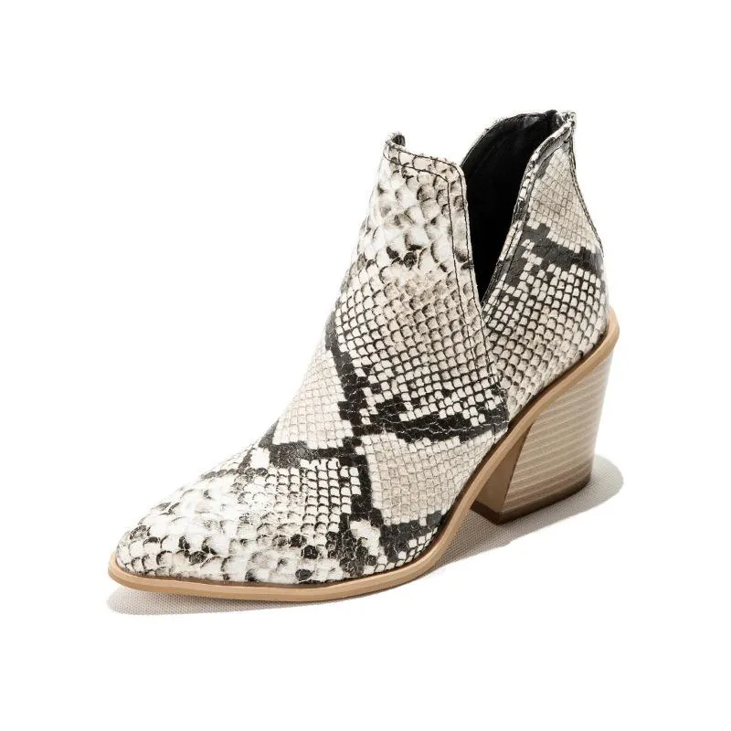Women's side v cut stacked block heel pointed toe ankle booties