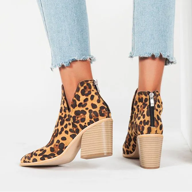 Women's side v cut stacked block heel pointed toe ankle booties