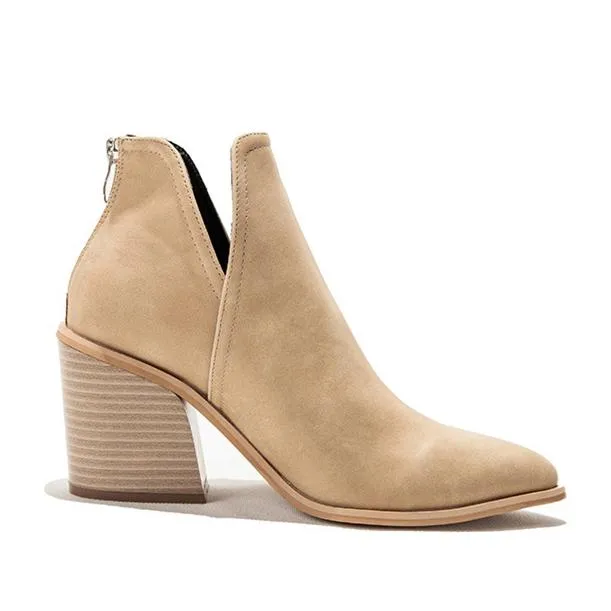 Women's side v cut stacked block heel pointed toe ankle booties