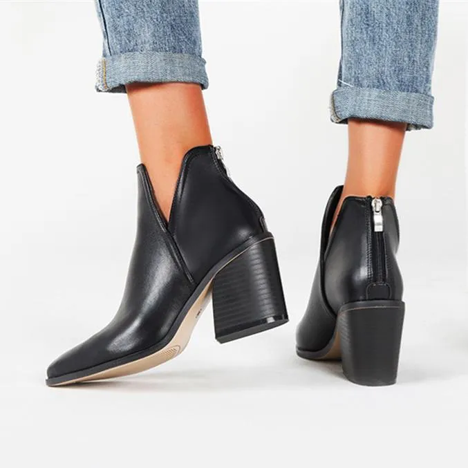 Women's side v cut stacked block heel pointed toe ankle booties