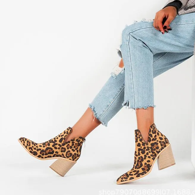 Women's side v cut stacked block heel pointed toe ankle booties