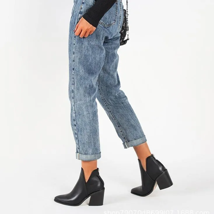 Women's side v cut stacked block heel pointed toe ankle booties