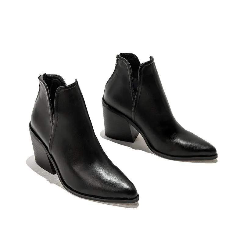 Women's side v cut stacked block heel pointed toe ankle booties